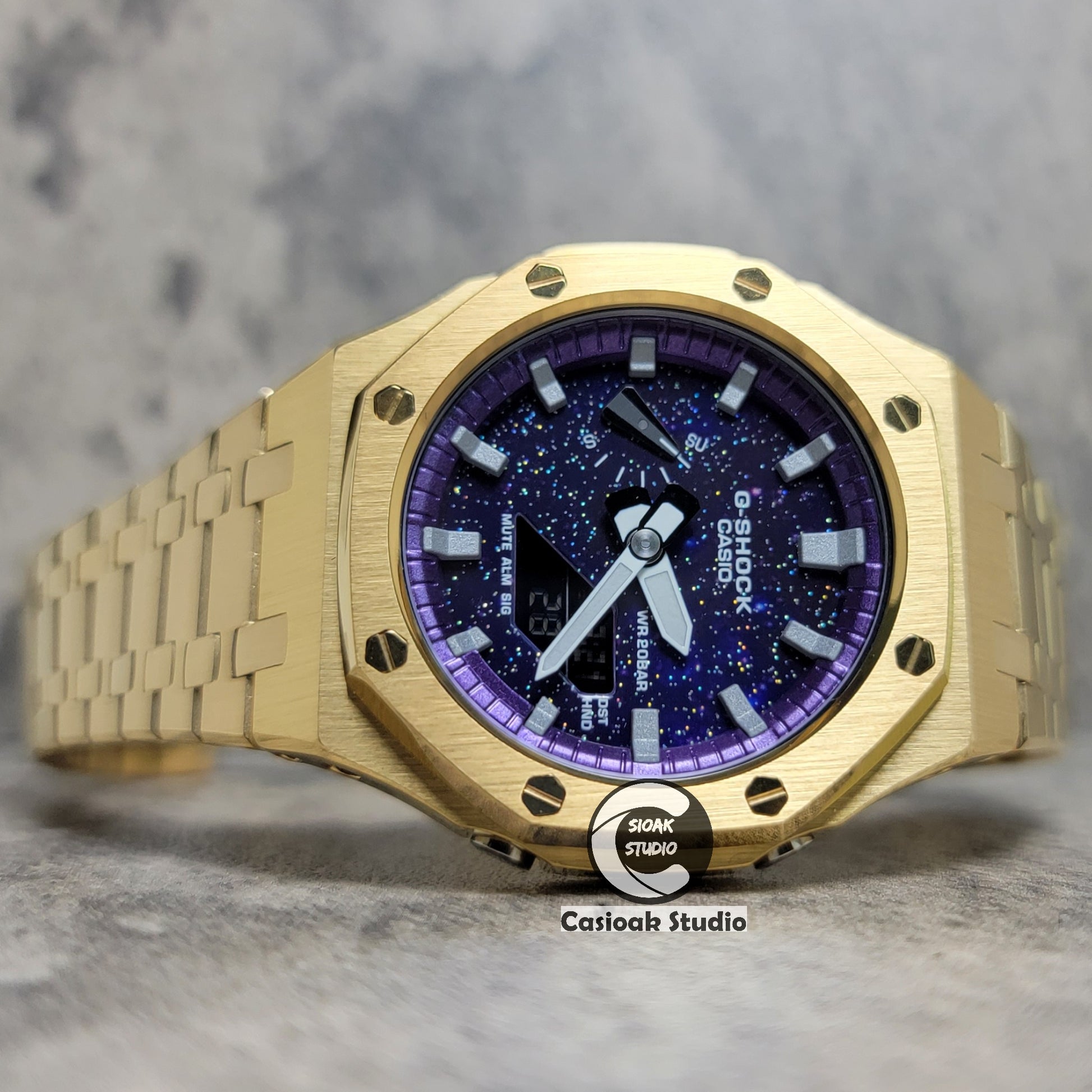 Casioak Mod Watch Gold Case Metal Strap Purple Silver Time Mark Purple Dial 44mm - Casioak Studio