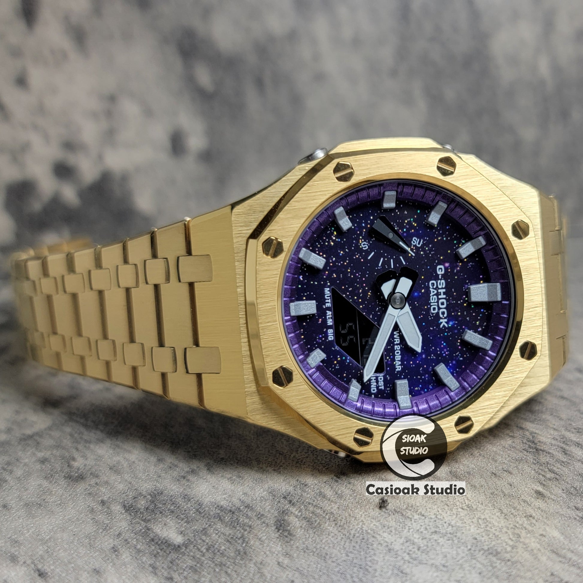 Casioak Mod Watch Gold Case Metal Strap Purple Silver Time Mark Purple Dial 44mm - Casioak Studio