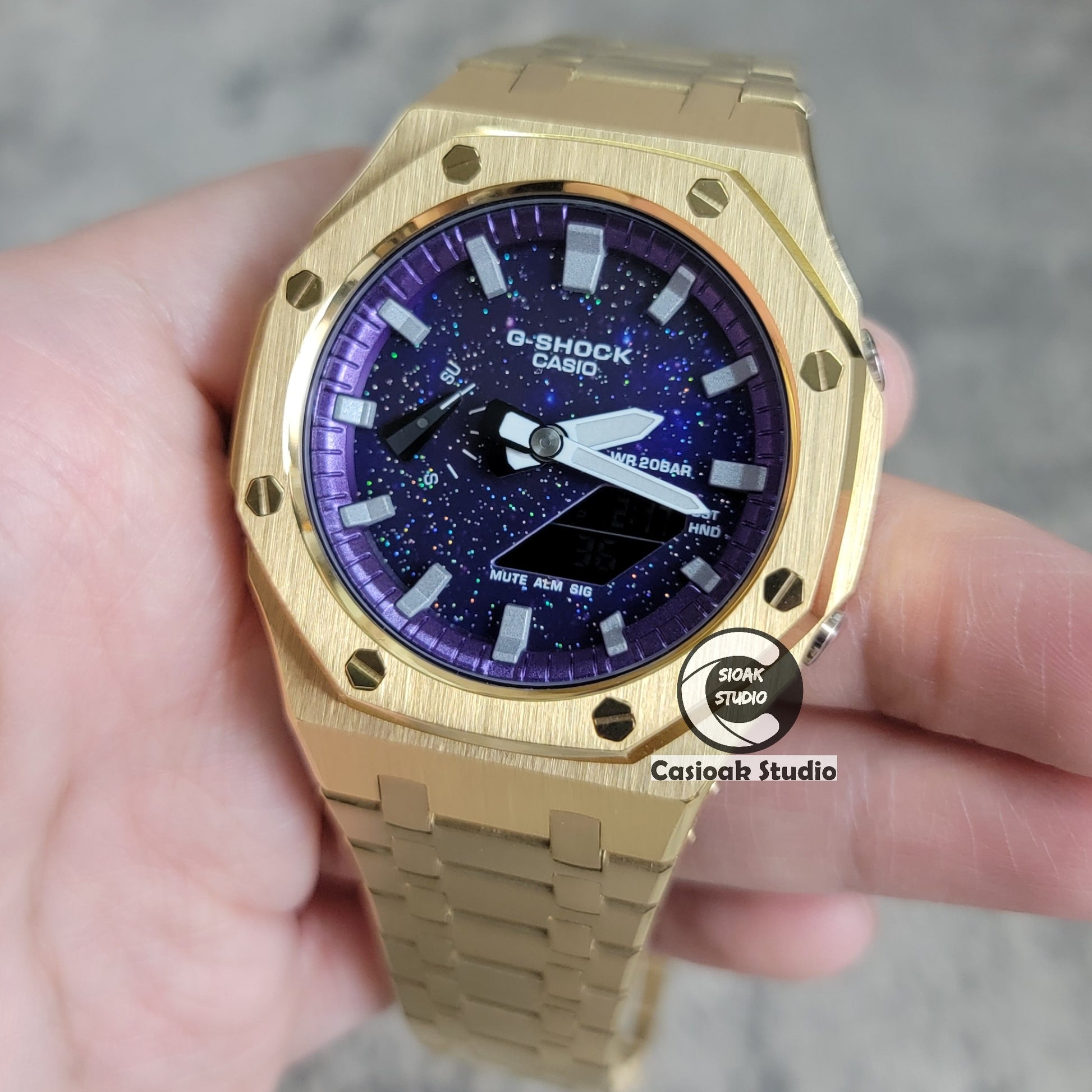 Casioak Mod Watch Gold Case Metal Strap Purple Silver Time Mark Purple Dial 44mm - Casioak Studio