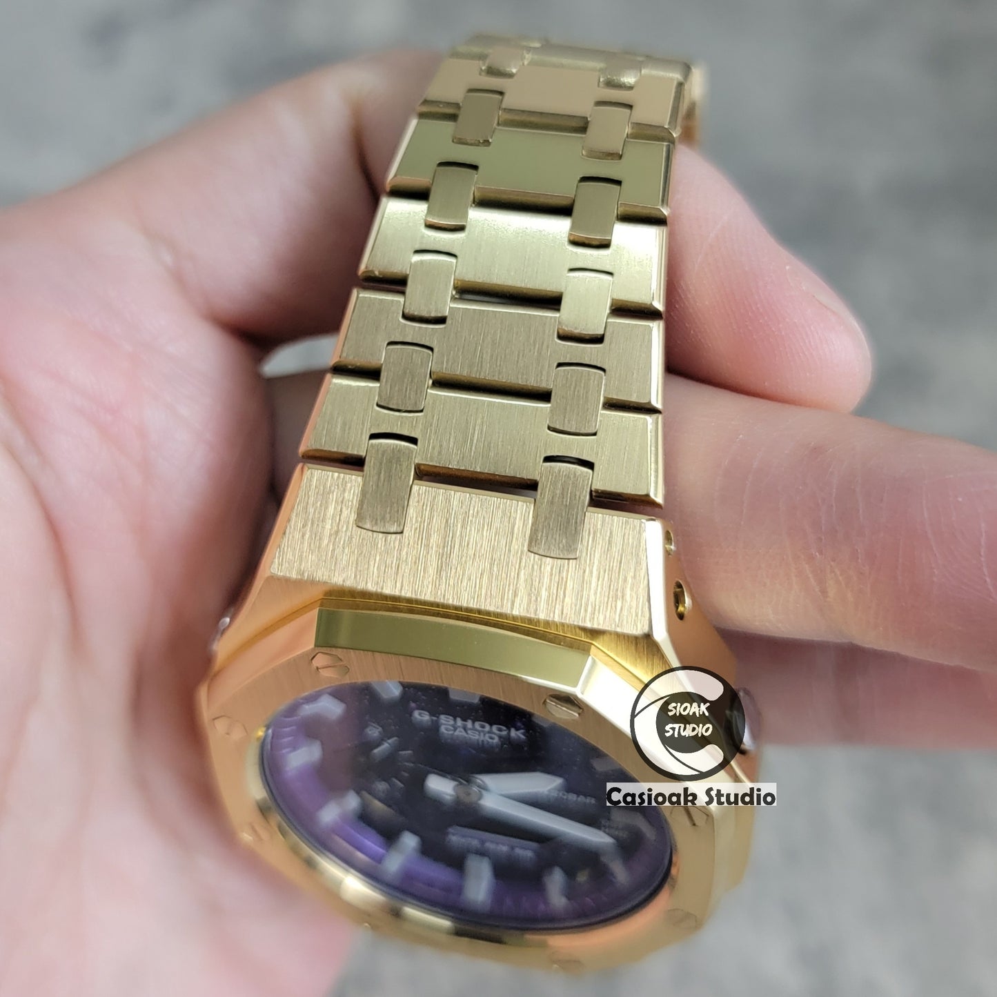 Casioak Mod Watch Gold Case Metal Strap Purple Silver Time Mark Purple Dial 44mm - Casioak Studio