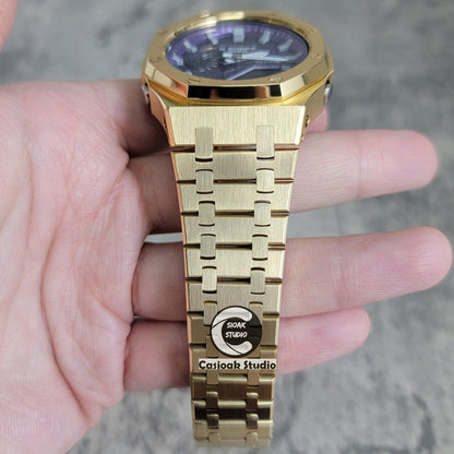 Casioak Mod Watch Gold Case Metal Strap Purple Silver Time Mark Purple Dial 44mm - Casioak Studio