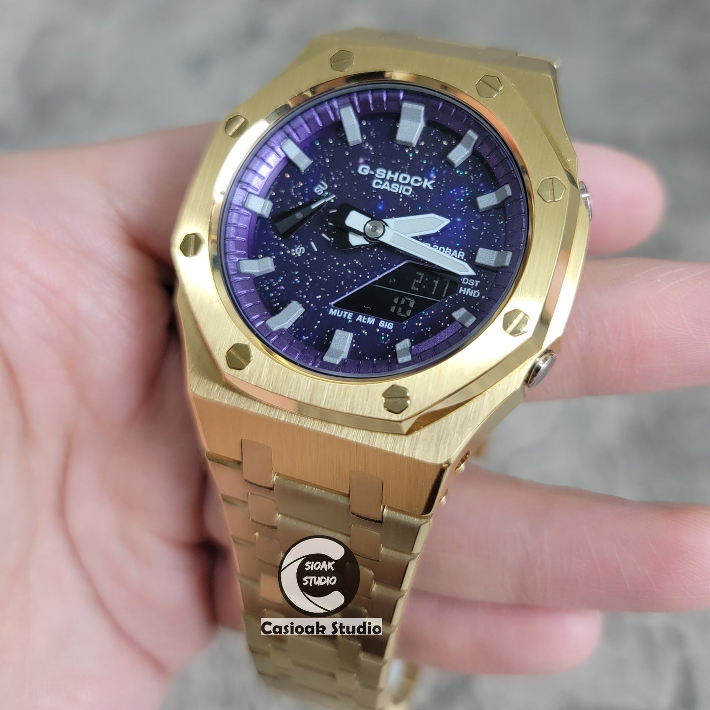 Casioak Mod Watch Gold Case Metal Strap Purple Silver Time Mark Purple Dial 44mm - Casioak Studio