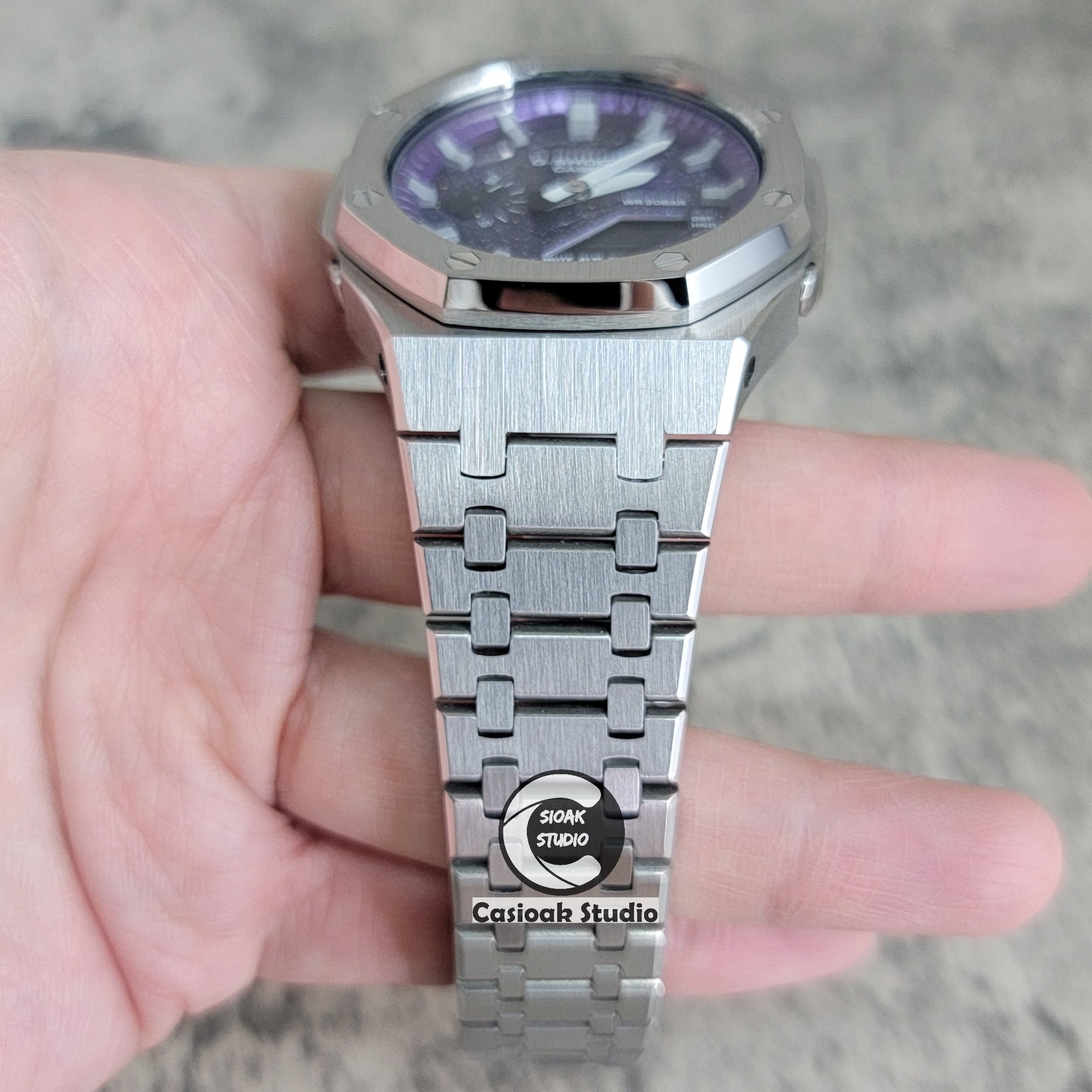 Casioak Mod Watch Silver Case Metal Strap Purple Silver Time Mark Purple Dial 44mm - Casioak Studio