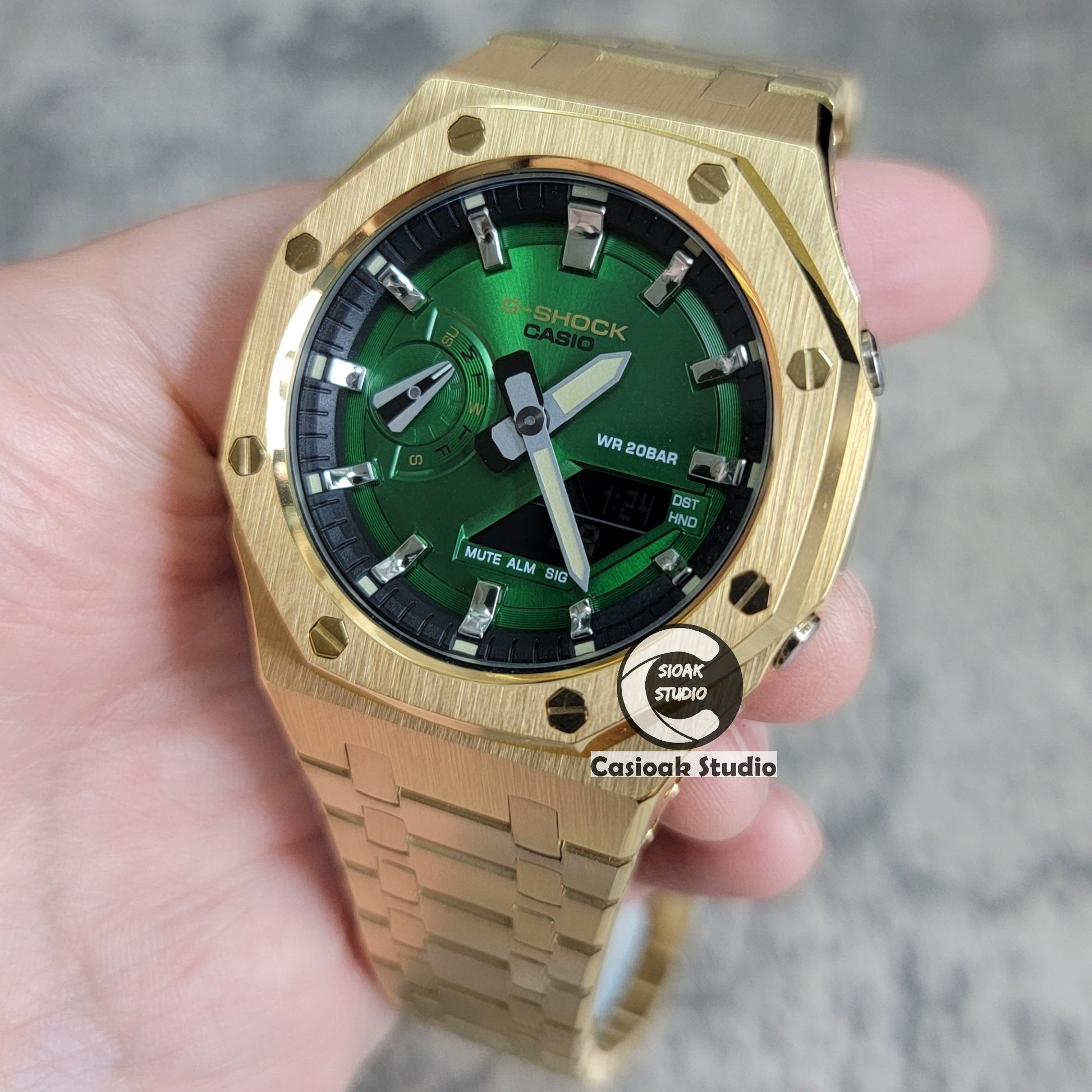 Casioak Mod Watch Gold Case Metal Strap Black Silver Time Mark Green Dial 44mm的副本 - Casioak Studio