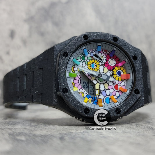 Casioak Mod Watch Frosted Black Case Metal Strap Gray Rainbow Time Mark Takashi Murakami Dial 44mm - Casioak Studio