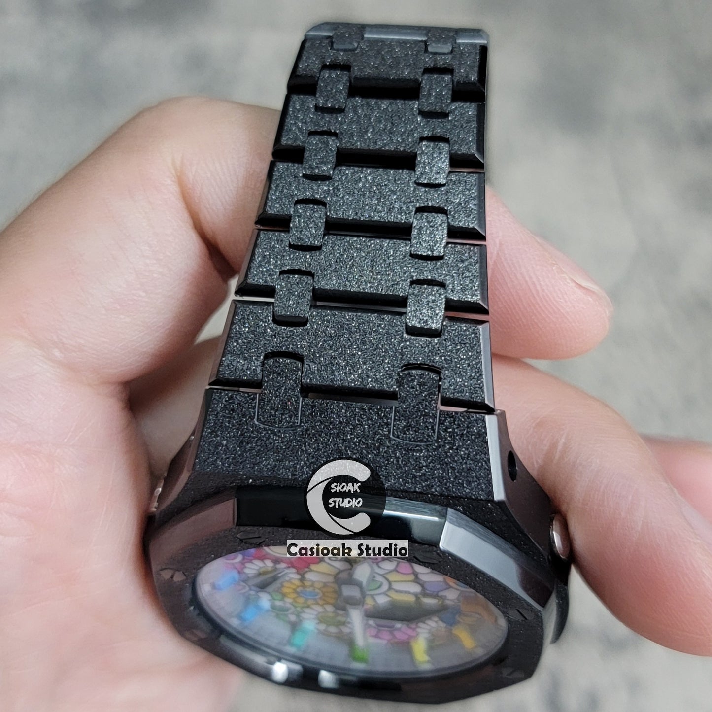 Casioak Mod Watch Frosted Black Case Metal Strap Gray Rainbow Time Mark Takashi Murakami Dial 44mm - Casioak Studio