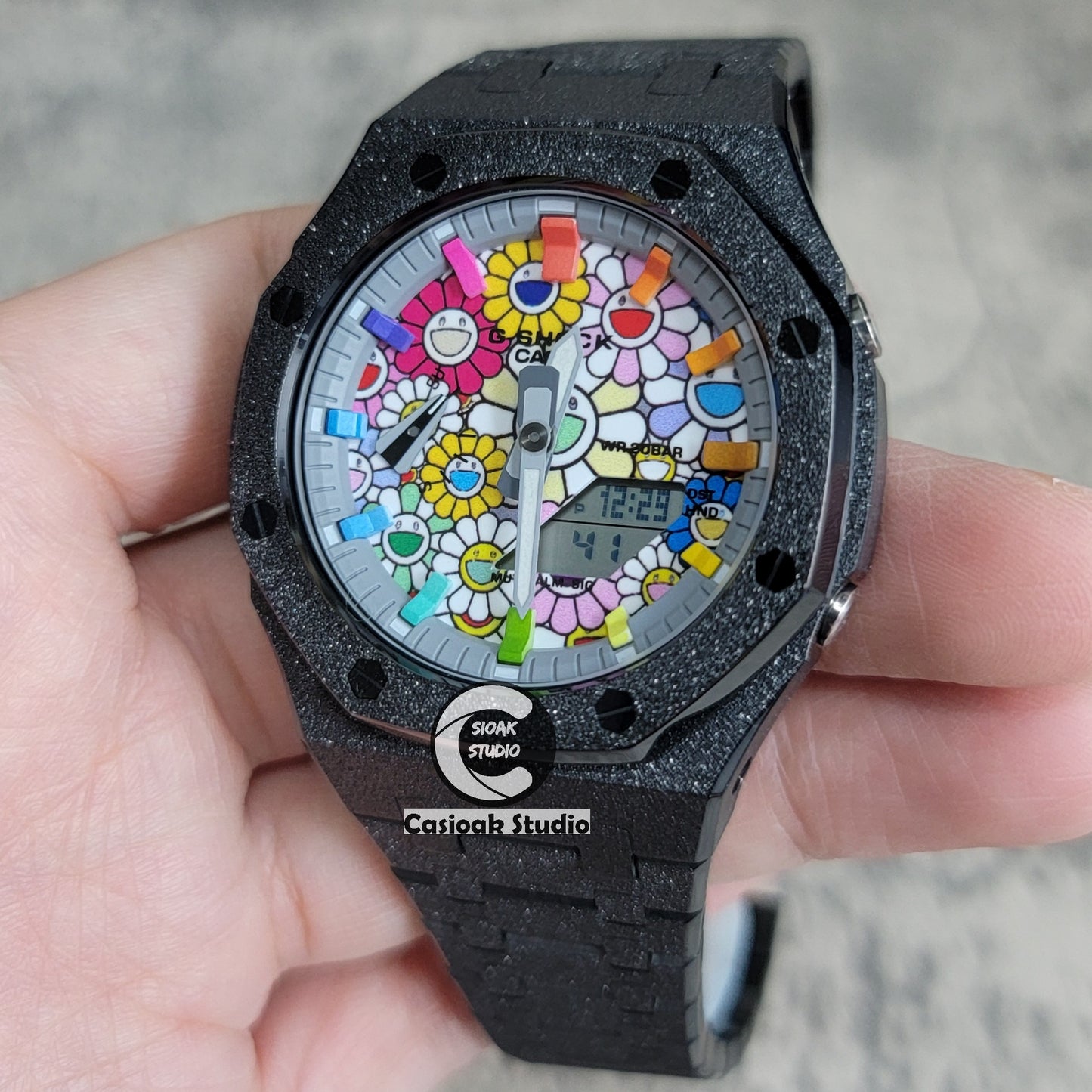 Casioak Mod Watch Frosted Black Case Metal Strap Gray Rainbow Time Mark Takashi Murakami Dial 44mm - Casioak Studio