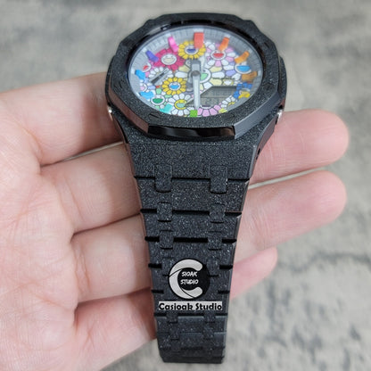 Casioak Mod Watch Frosted Black Case Metal Strap Gray Rainbow Time Mark Takashi Murakami Dial 44mm - Casioak Studio