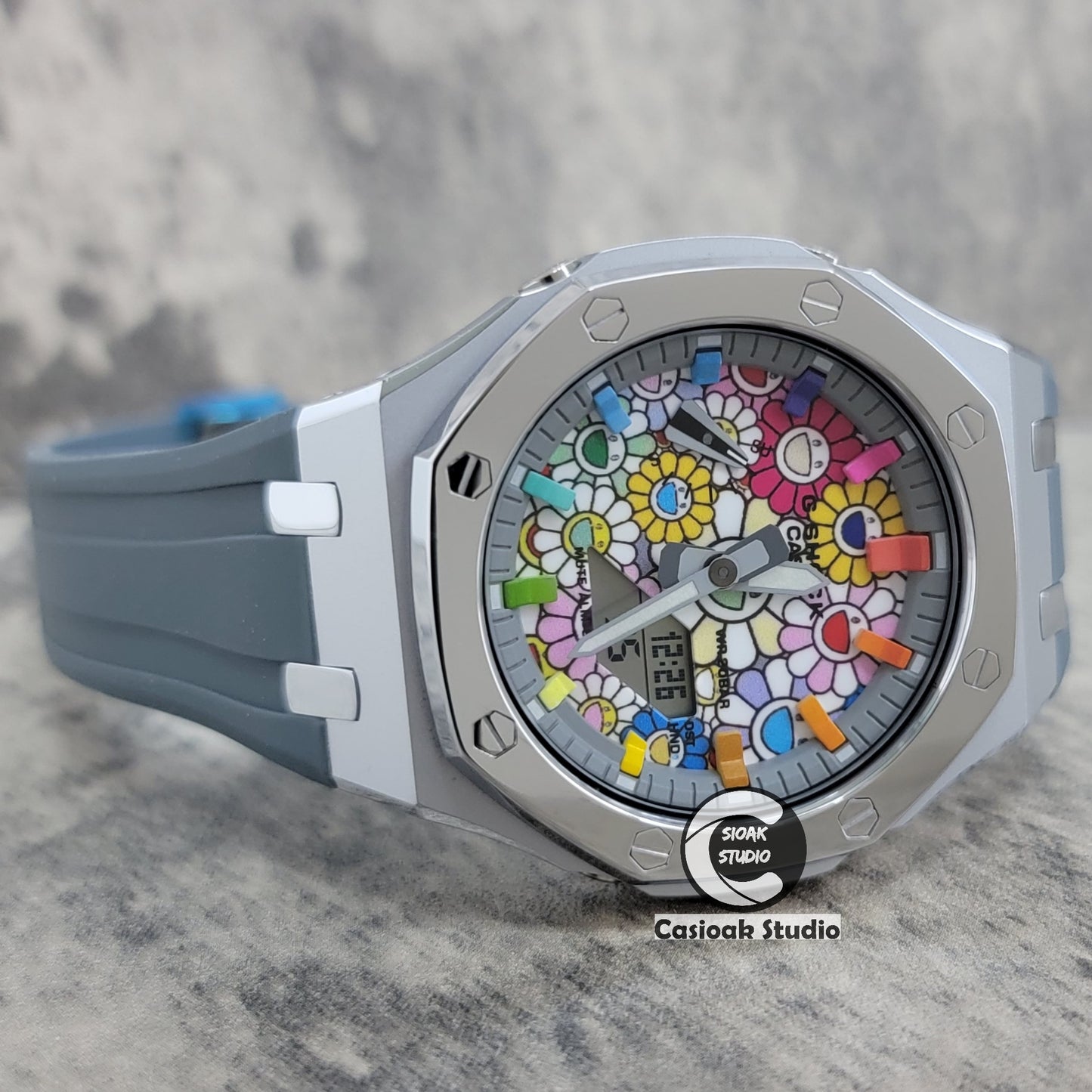 Casioak Mod Watch Polished Silver Case Grey Strap Gray Rainbow Time Mark TAKASHI MURAKAM Dial 44mm - Casioak Studio