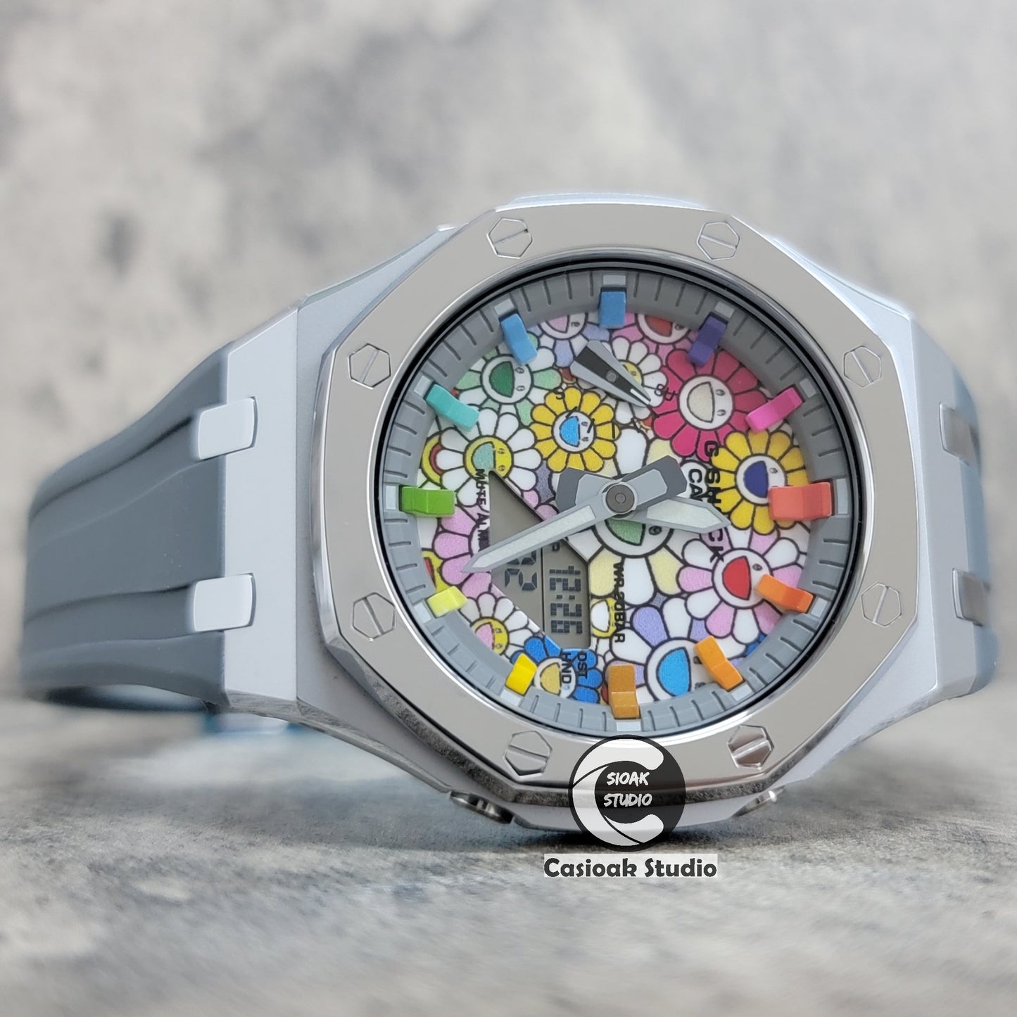 Casioak Mod Watch Polished Silver Case Grey Strap Gray Rainbow Time Mark TAKASHI MURAKAM Dial 44mm - Casioak Studio