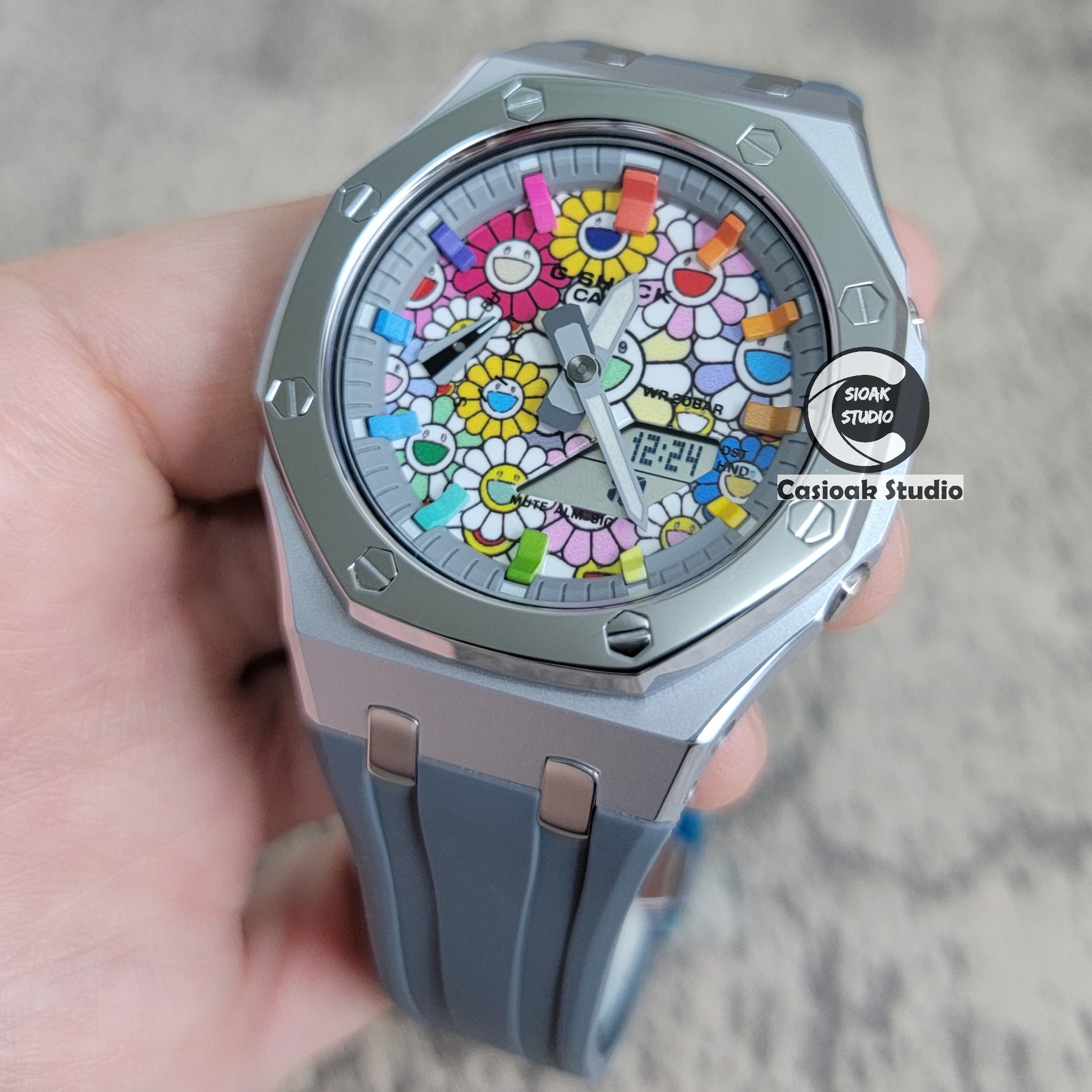 Casioak Mod Watch Polished Silver Case Grey Strap Gray Rainbow Time Mark TAKASHI MURAKAM Dial 44mm - Casioak Studio