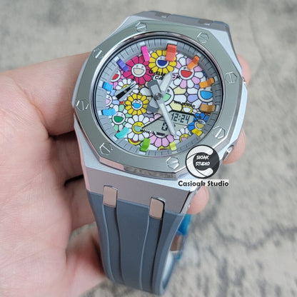 Casioak Mod Watch Polished Silver Case Grey Strap Gray Rainbow Time Mark TAKASHI MURAKAM Dial 44mm - Casioak Studio