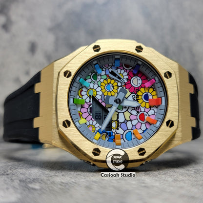 Casioak Mod Watch Gold Case Black Rubber Strap Strap Gray Rainbow Time Mark TAKASHI MURAKAM Dial 44mm - Casioak Studio