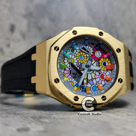 Casioak Mod Watch Gold Case Black Rubber Strap Strap Gray Rainbow Time Mark TAKASHI MURAKAM Dial 44mm - Casioak Studio