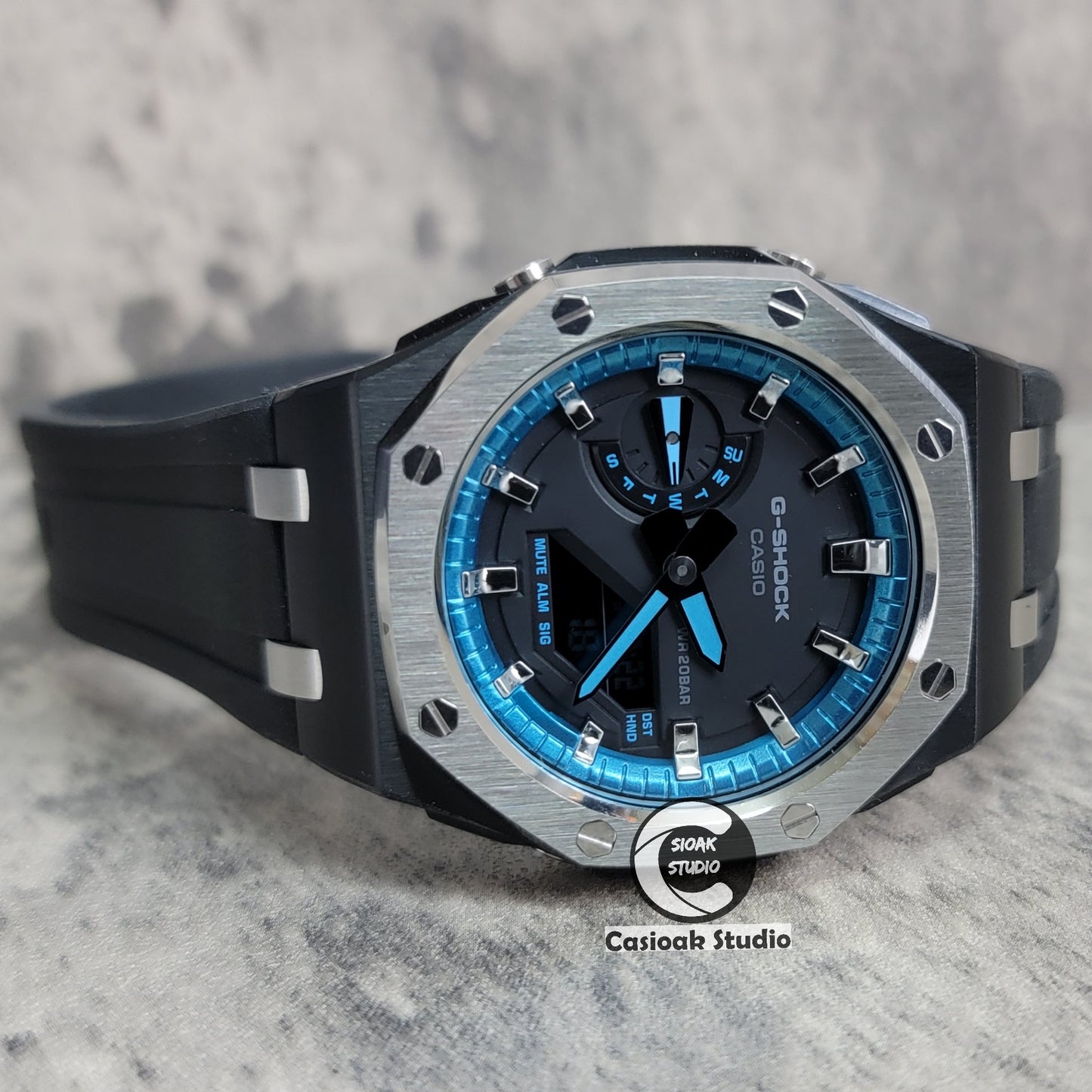 Casioak Mod Watch Offshore Superior Black Silver Case Black Rubber Rubber Strap Blue Silver Time Mark Black Dial 44mm - Casioak Studio