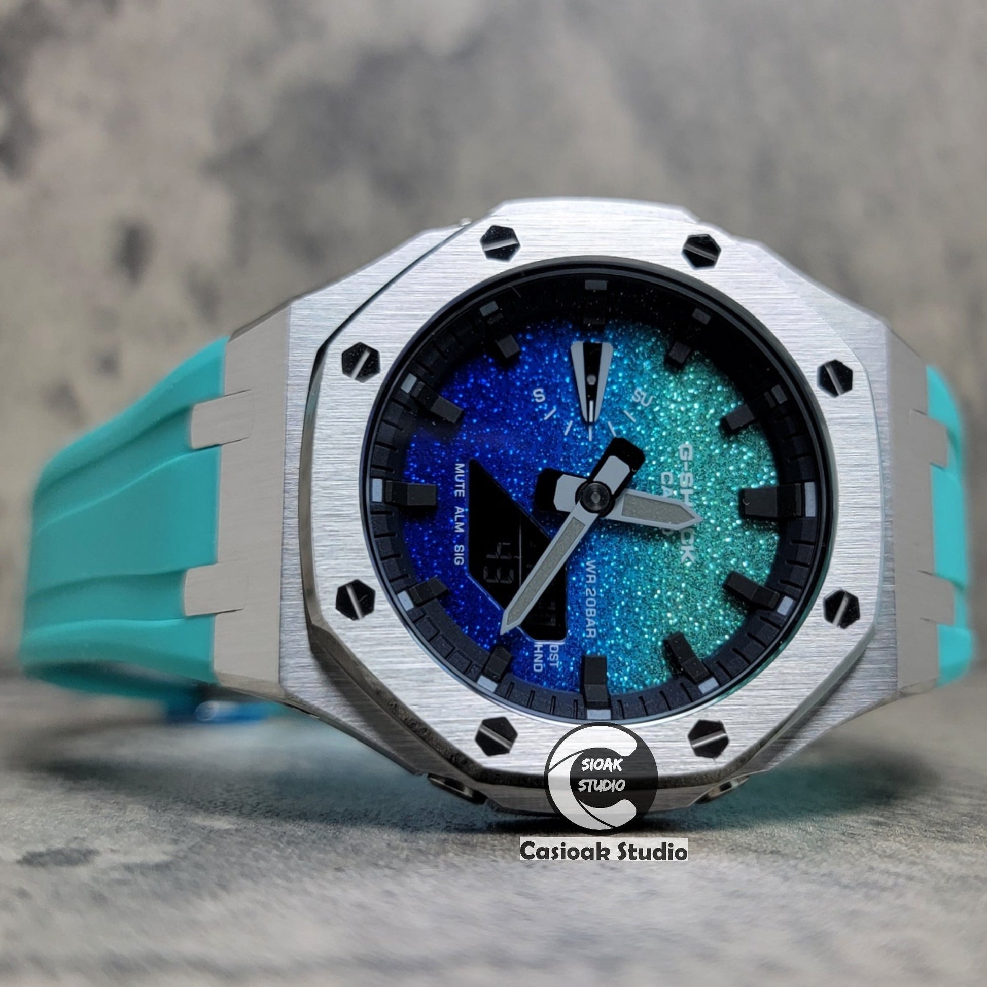 Casioak Mod Watch Std Silver Case Tiffany Rubber Strap Black Time Mark  BlingTiffany Blue Dial 44mm - Casioak Studio