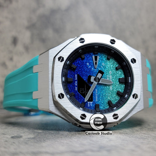 Casioak Mod Watch Std Silver Case Tiffany Rubber Strap Black Time Mark  BlingTiffany Blue Dial 44mm - Casioak Studio