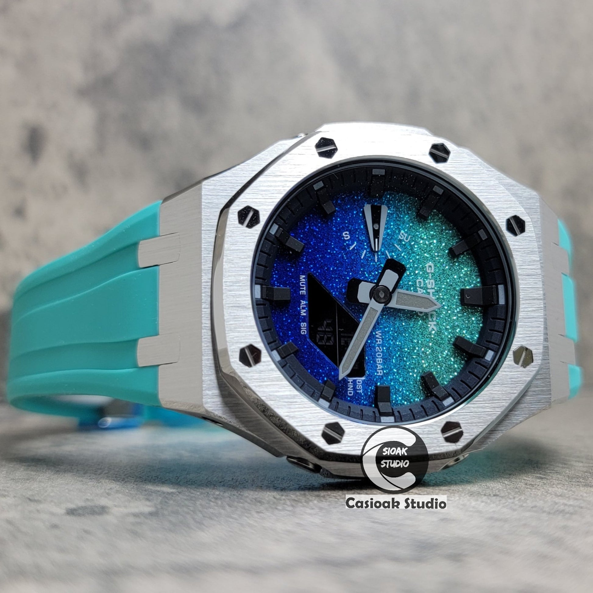 Casioak Mod Watch Std Silver Case Tiffany Rubber Strap Black Time Mark  BlingTiffany Blue Dial 44mm - Casioak Studio