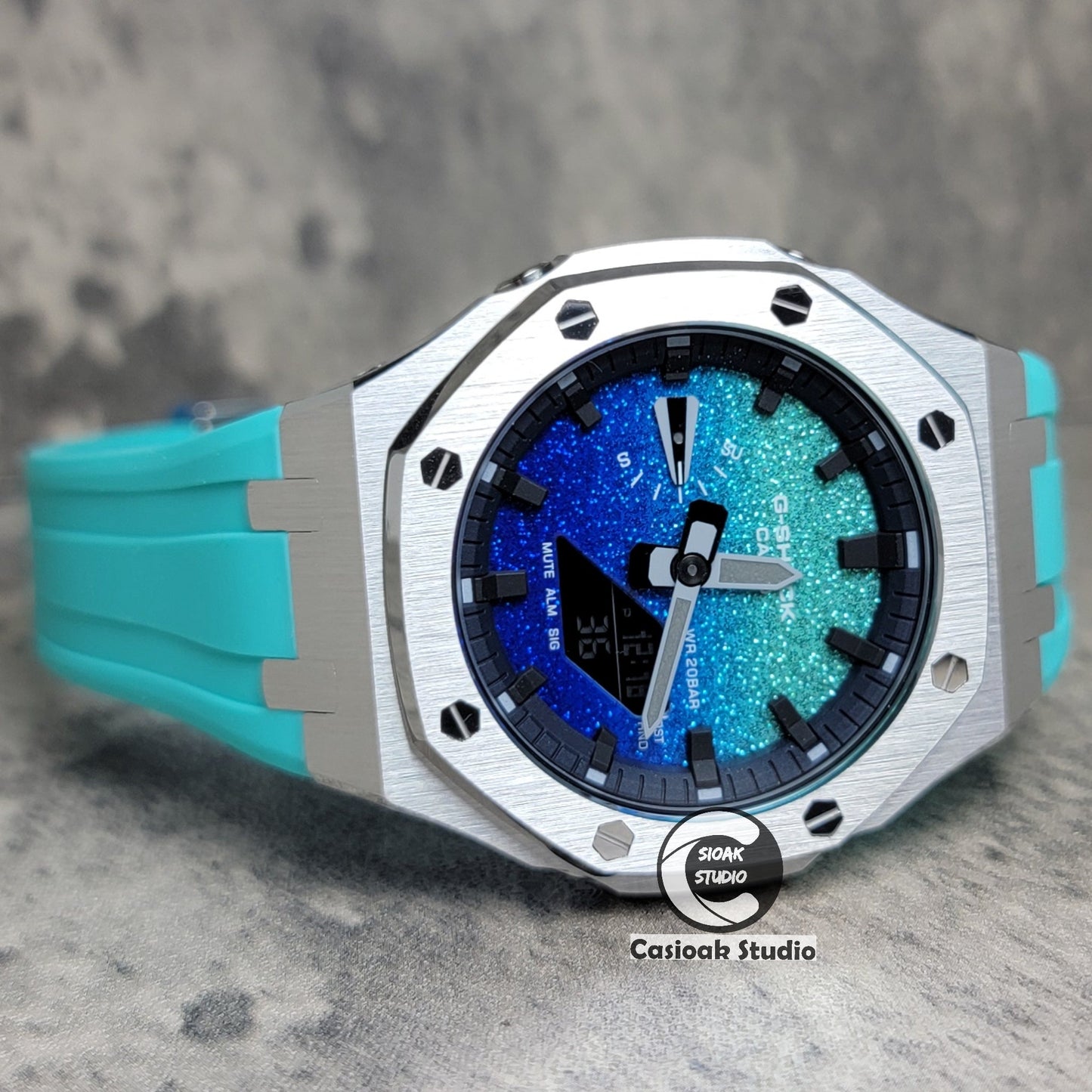 Casioak Mod Watch Std Silver Case Tiffany Rubber Strap Black Time Mark  BlingTiffany Blue Dial 44mm - Casioak Studio