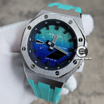 Casioak Mod Watch Std Silver Case Tiffany Rubber Strap Black Time Mark  BlingTiffany Blue Dial 44mm - Casioak Studio