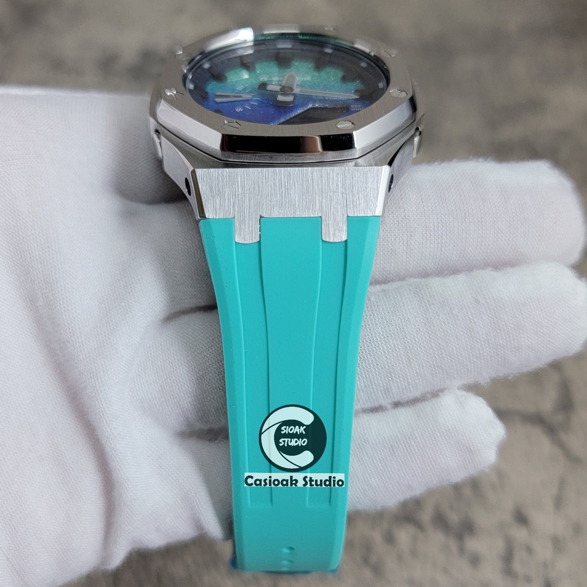 Casioak Mod Watch Std Silver Case Tiffany Rubber Strap Black Time Mark  BlingTiffany Blue Dial 44mm - Casioak Studio