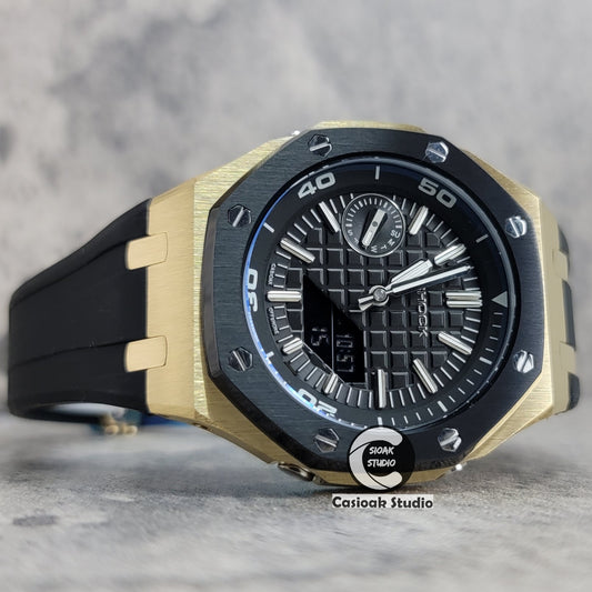 Casioak Mod Watch New Black Gold Case Black Rubber Strap Black Time Mark Black Dial 44mm Blue Sapphire Glass - Casioak Studio