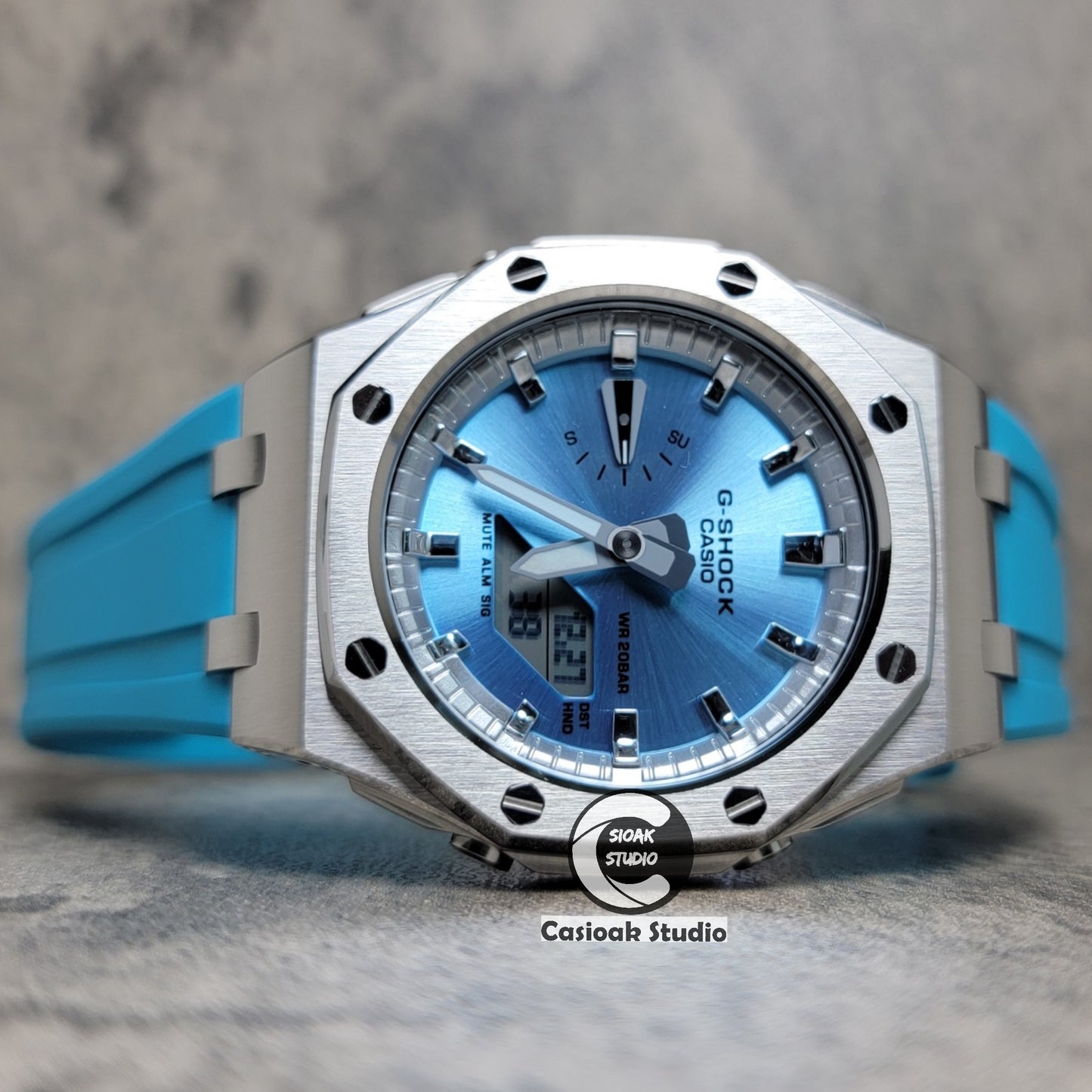 Casioak Mod Watch Offshore Superior Rose Silver Case Tiffany Blue Rubber Strap Silver Time Mark Blue Dial 44mm - Casioak Studio