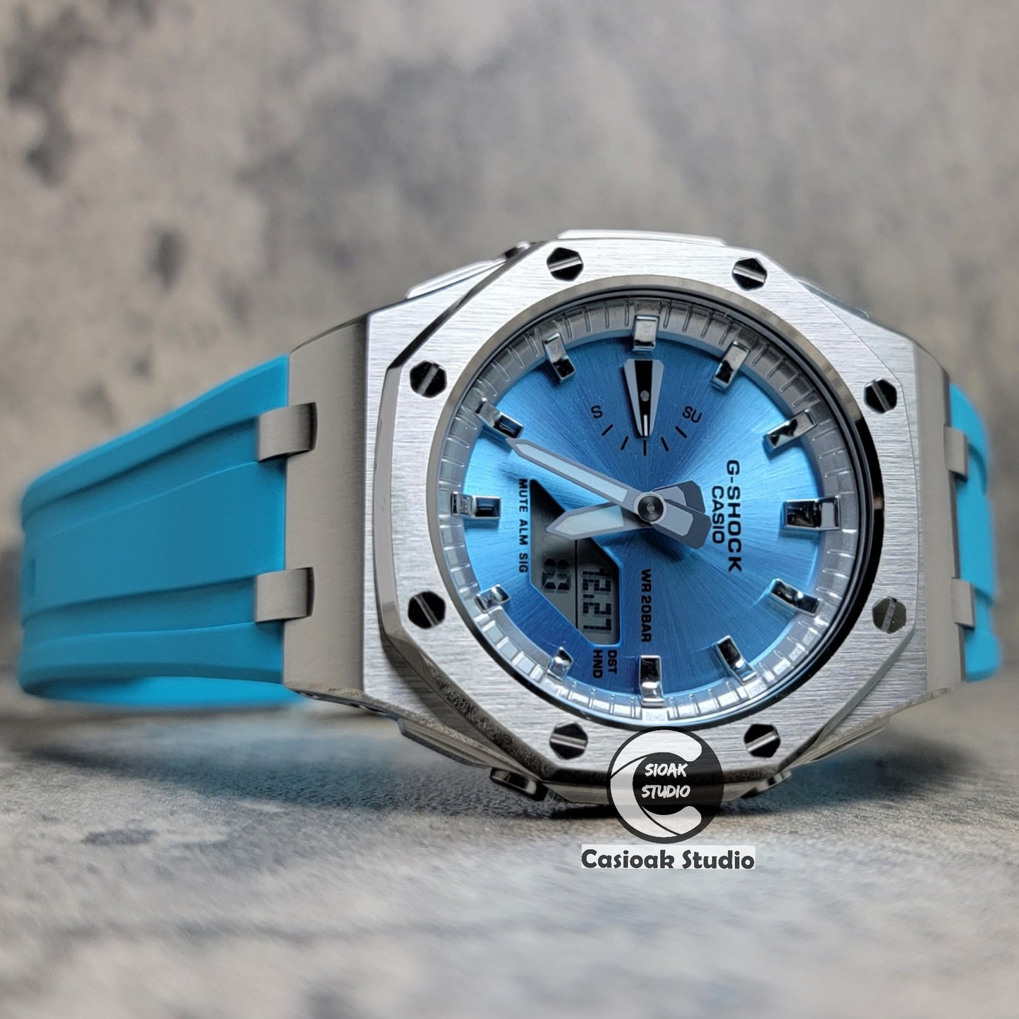 Casioak Mod Watch Offshore Superior Rose Silver Case Tiffany Blue Rubber Strap Silver Time Mark Blue Dial 44mm - Casioak Studio