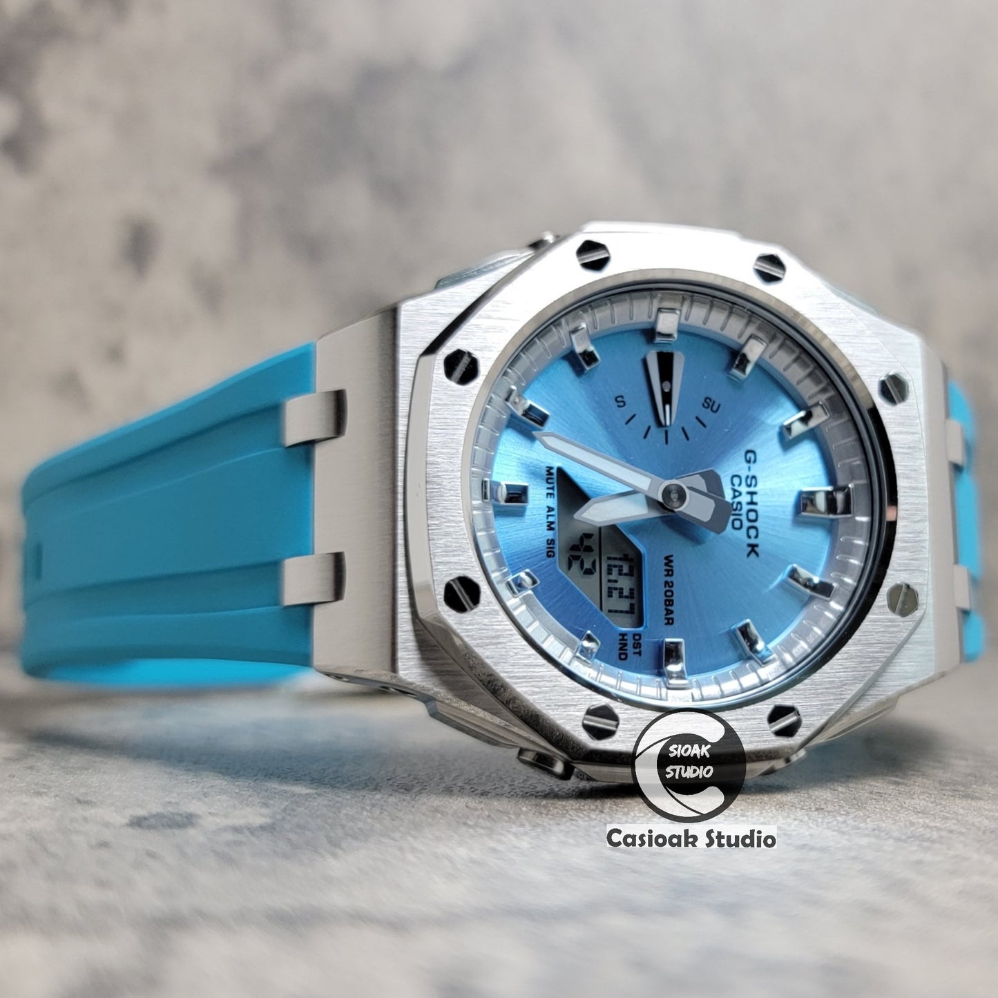 Casioak Mod Watch Offshore Superior Rose Silver Case Tiffany Blue Rubber Strap Silver Time Mark Blue Dial 44mm - Casioak Studio