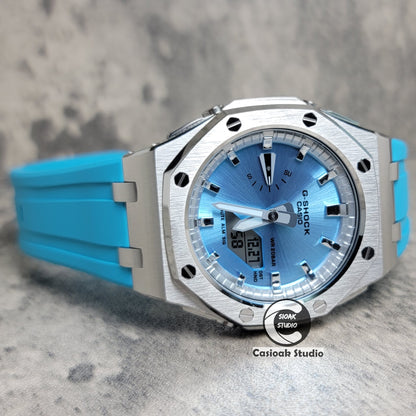 Casioak Mod Watch Offshore Superior Rose Silver Case Tiffany Blue Rubber Strap Silver Time Mark Blue Dial 44mm - Casioak Studio