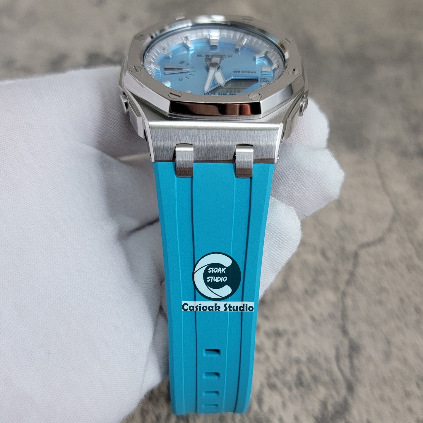 Casioak Mod Watch Offshore Superior Rose Silver Case Tiffany Blue Rubber Strap Silver Time Mark Blue Dial 44mm - Casioak Studio