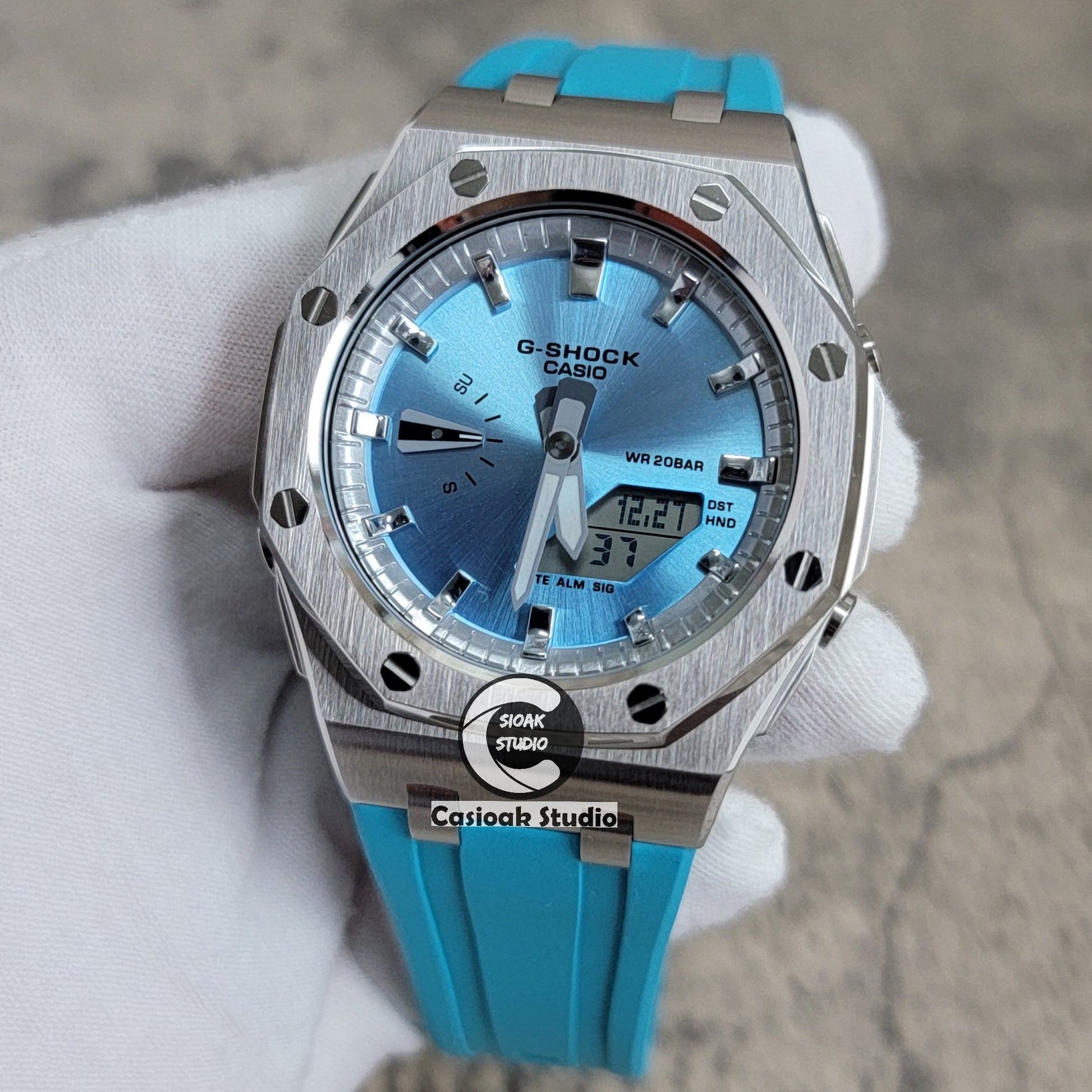 Casioak Mod Watch Offshore Superior Rose Silver Case Tiffany Blue Rubber Strap Silver Time Mark Blue Dial 44mm - Casioak Studio