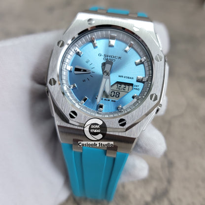 Casioak Mod Watch Offshore Superior Rose Silver Case Tiffany Blue Rubber Strap Silver Time Mark Blue Dial 44mm - Casioak Studio