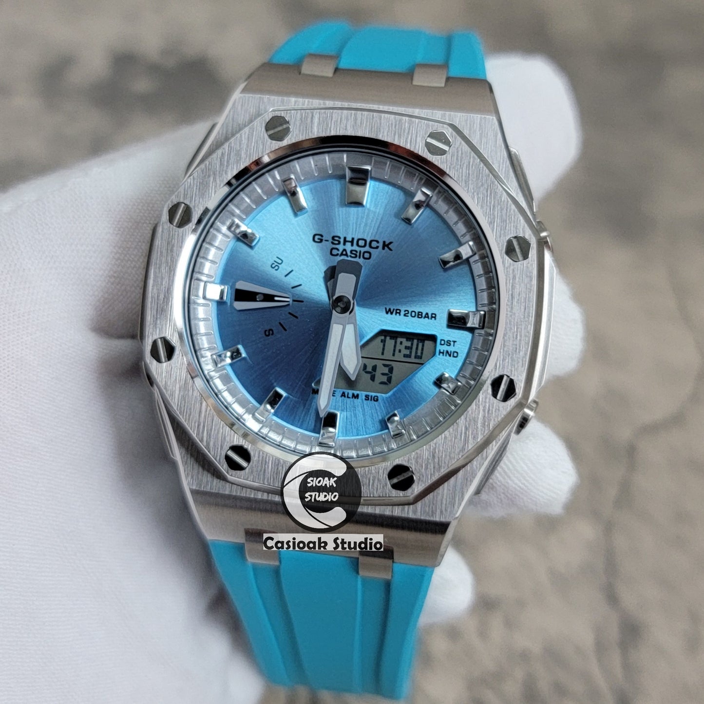 Casioak Mod Watch Offshore Superior Rose Silver Case Tiffany Blue Rubber Strap Silver Time Mark Blue Dial 44mm - Casioak Studio