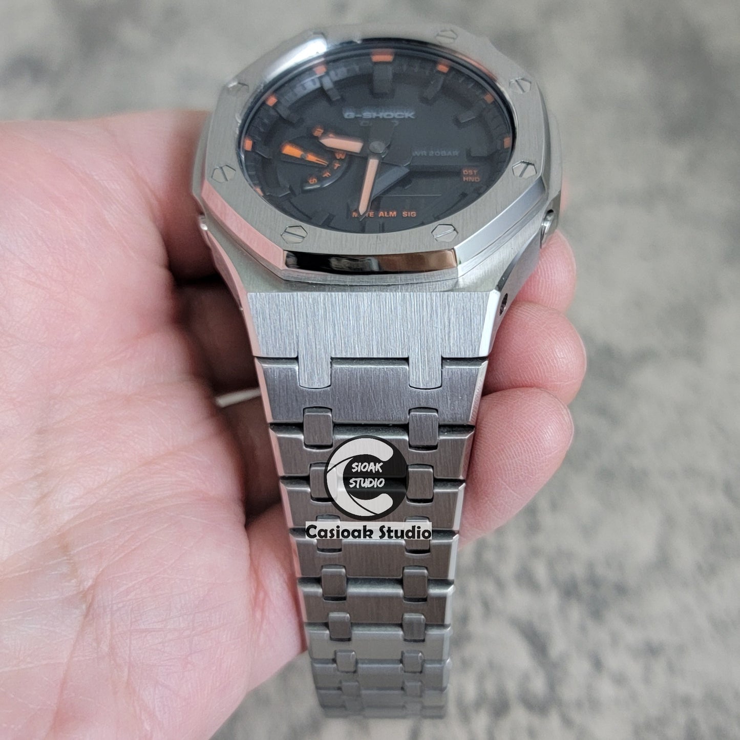 Casioak Mod Watch Silver Case Metal Strap Black Time Mark Black Dial Orange 44mm - Casioak Studio