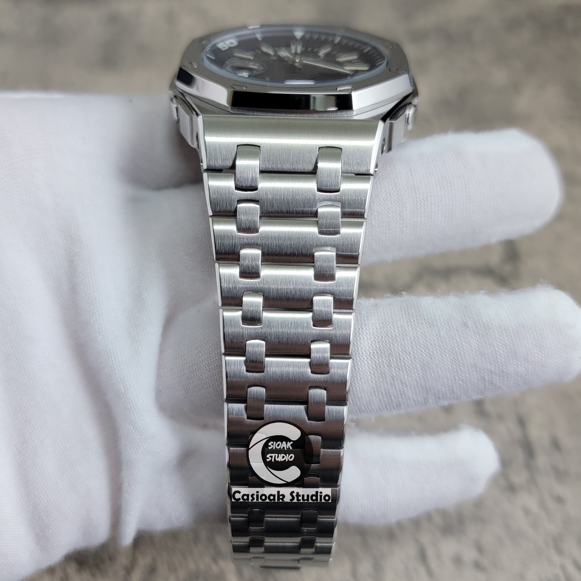 Casioak Mod Watch NEW Offshore Superior Silver Case Metal Strap Black Time Mark Black Dial 44mm Sapphire Crystal Sapphire Glass - Casioak Studio