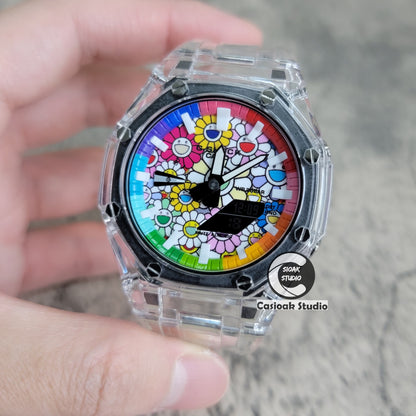 Casioak Mod Watch Transparent Case Transparent Strap Rainbow White Time Mark Takashi Murakami Dial 44mm - Casioak Studio