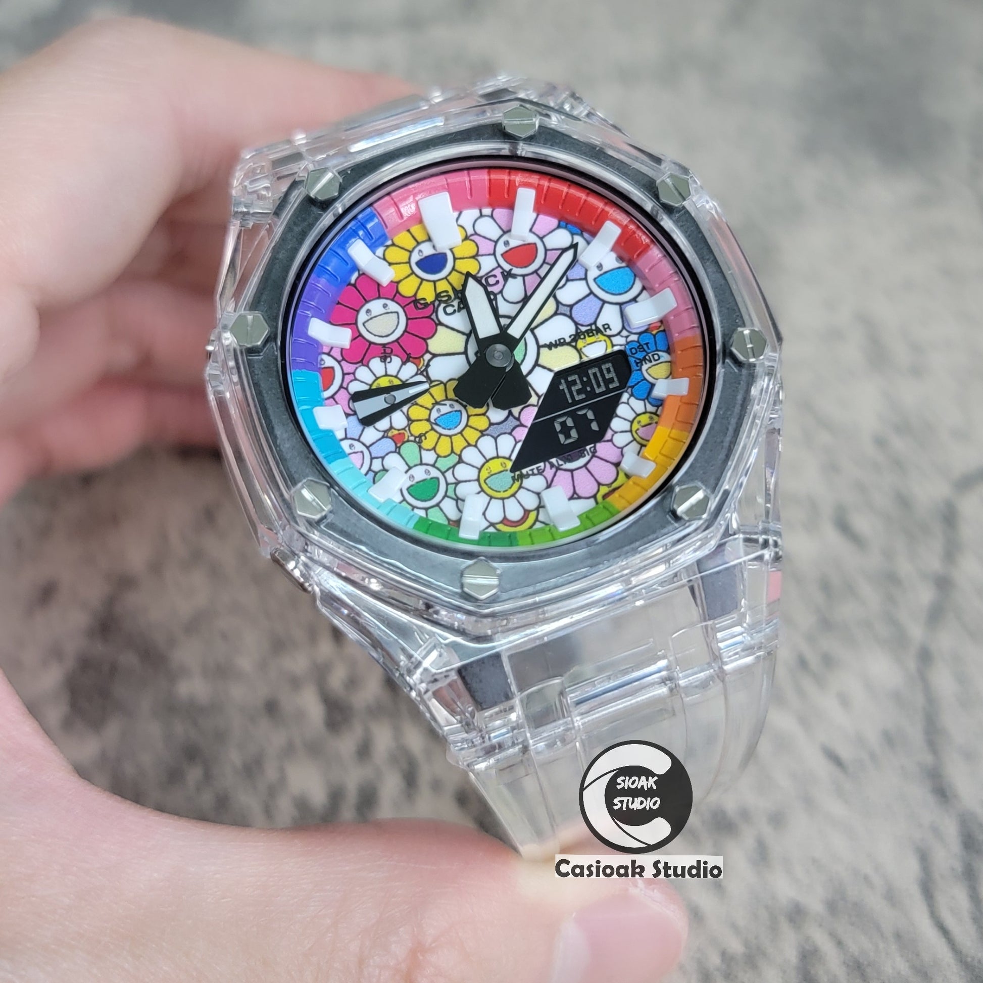Casioak Mod Watch Transparent Case Transparent Strap Rainbow White Time Mark Takashi Murakami Dial 44mm - Casioak Studio