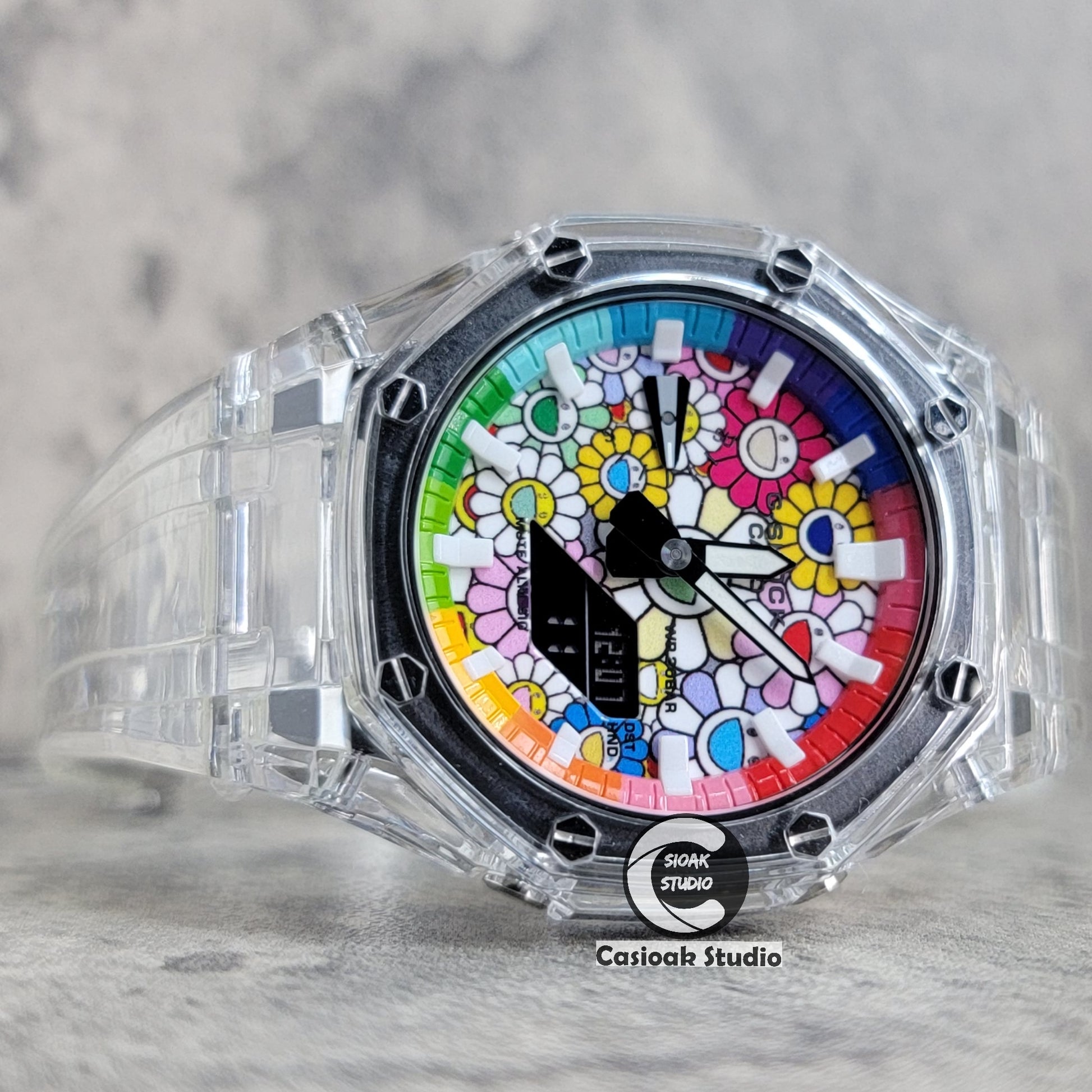 Casioak Mod Watch Transparent Case Transparent Strap Rainbow White Time Mark Takashi Murakami Dial 44mm - Casioak Studio