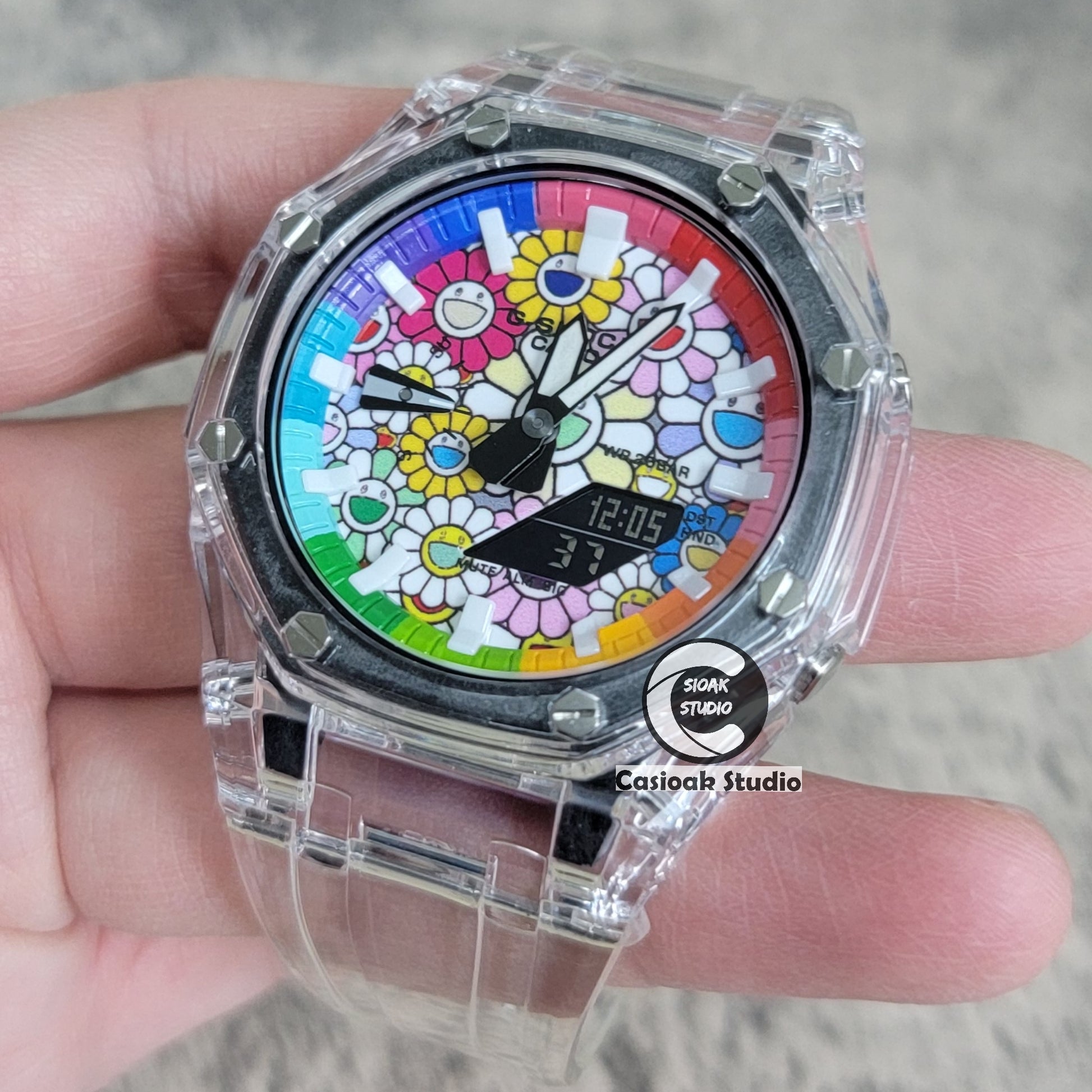 Casioak Mod Watch Transparent Case Transparent Strap Rainbow White Time Mark Takashi Murakami Dial 44mm - Casioak Studio