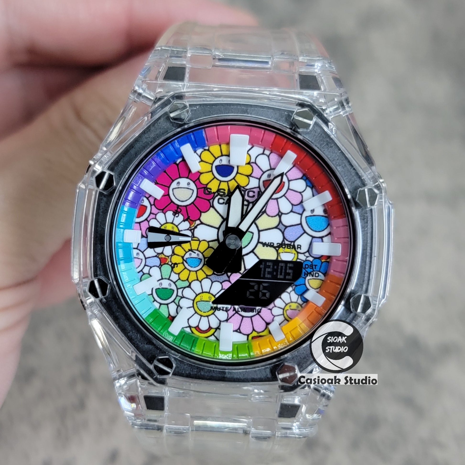 Casioak Mod Watch Transparent Case Transparent Strap Rainbow White Time Mark Takashi Murakami Dial 44mm - Casioak Studio