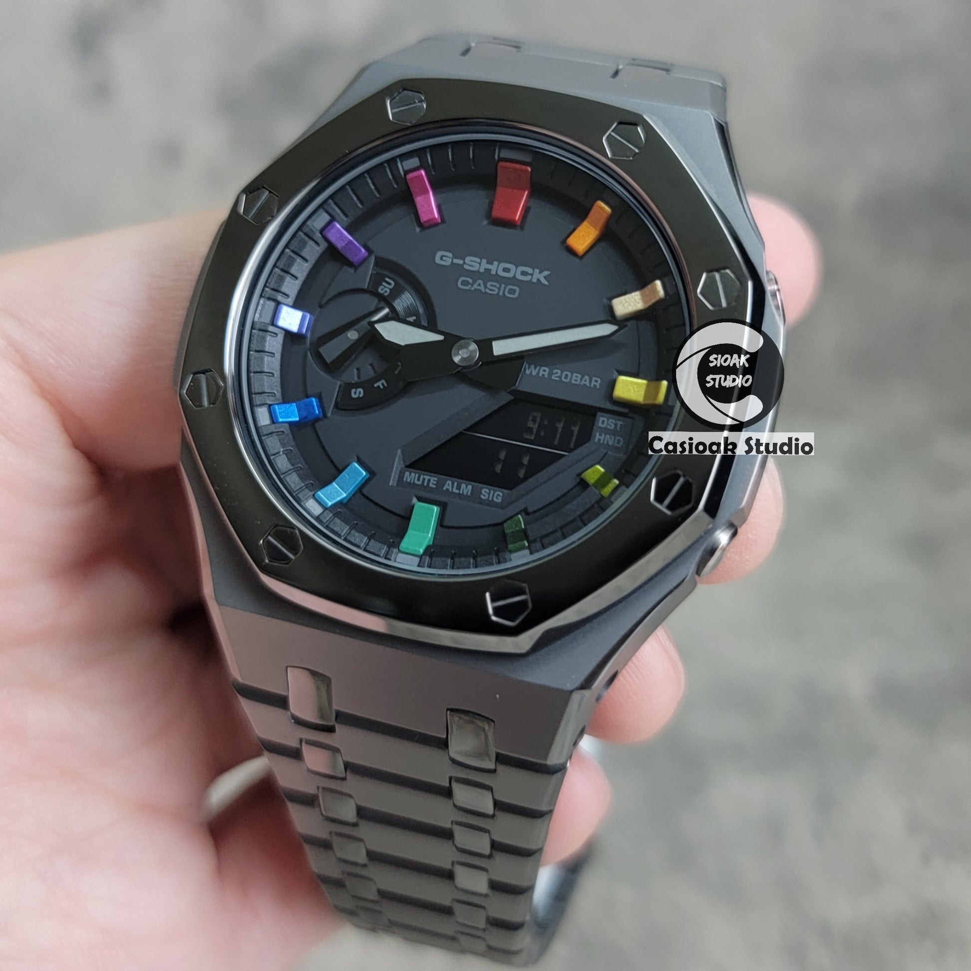 Casioak Mod Watch Polished Gray Case Metal Strap Black Rainbow Time Mark Black Dial 44mm - Casioak Studio