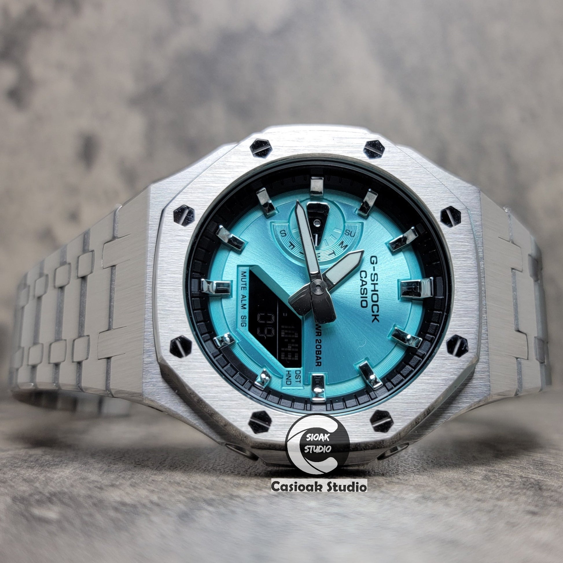 Casioak Mod Watch Silver Case Metal Strap Black Silver Time Mark Tiffany Blue Dial 44mm - Casioak Studio