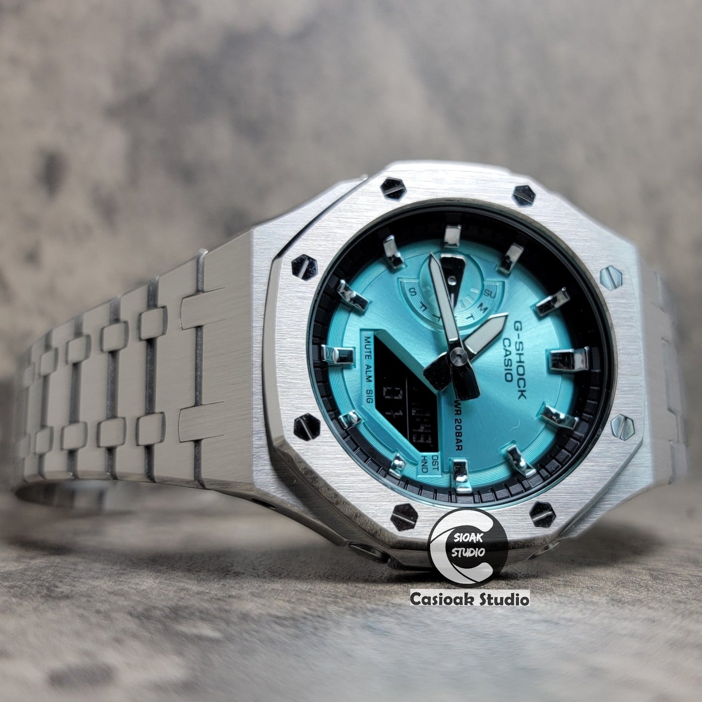 Casioak Mod Watch Silver Case Metal Strap Black Silver Time Mark Tiffany Blue Dial 44mm - Casioak Studio