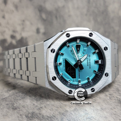 Casioak Mod Watch Silver Case Metal Strap Black Silver Time Mark Tiffany Blue Dial 44mm - Casioak Studio