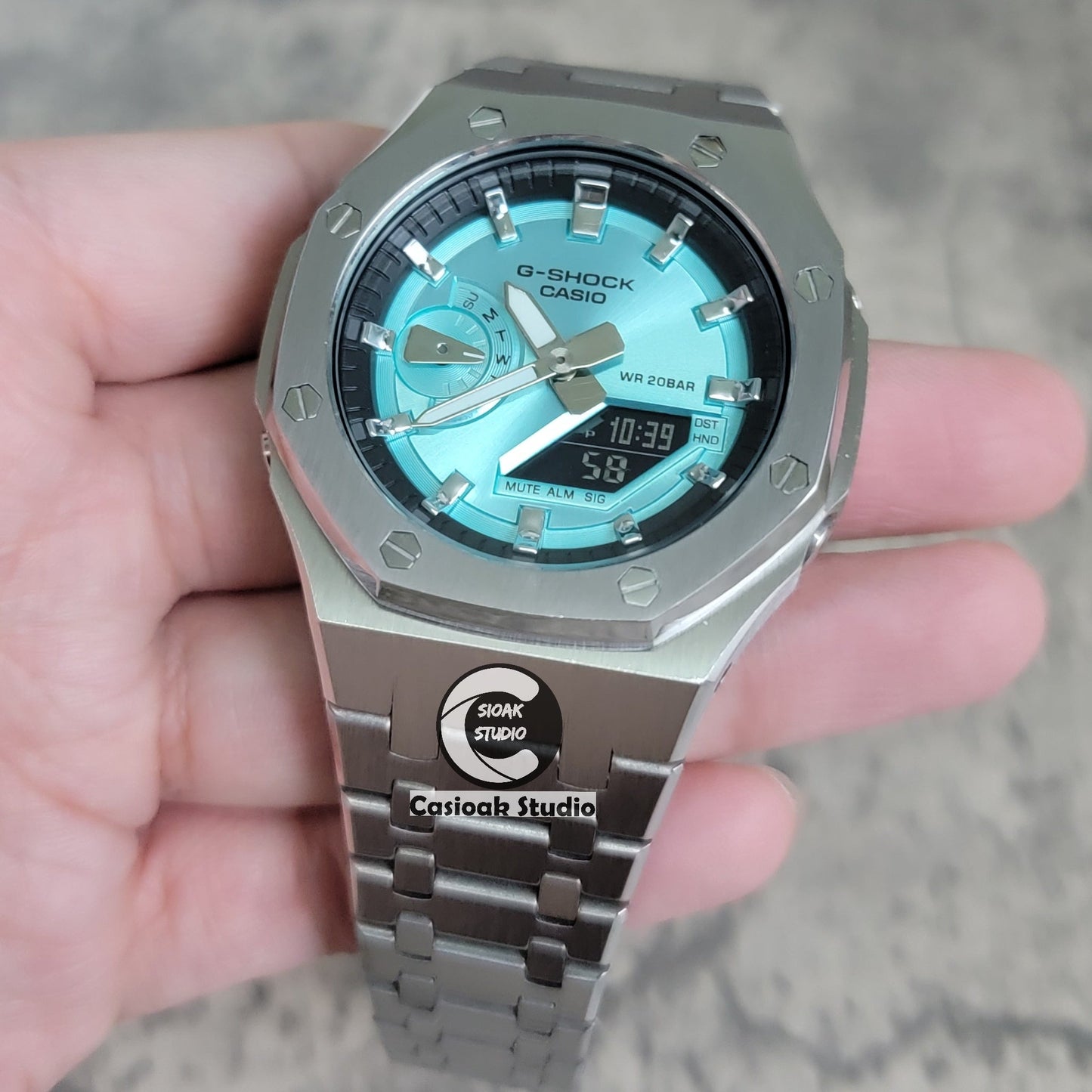 Casioak Mod Watch Silver Case Metal Strap Black Silver Time Mark Tiffany Blue Dial 44mm - Casioak Studio