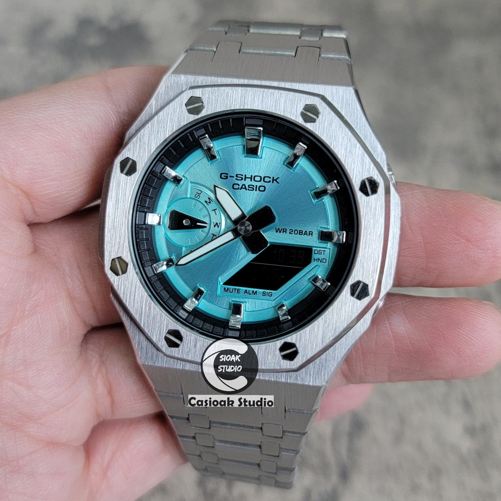 Casioak Mod Watch Silver Case Metal Strap Black Silver Time Mark Tiffany Blue Dial 44mm - Casioak Studio