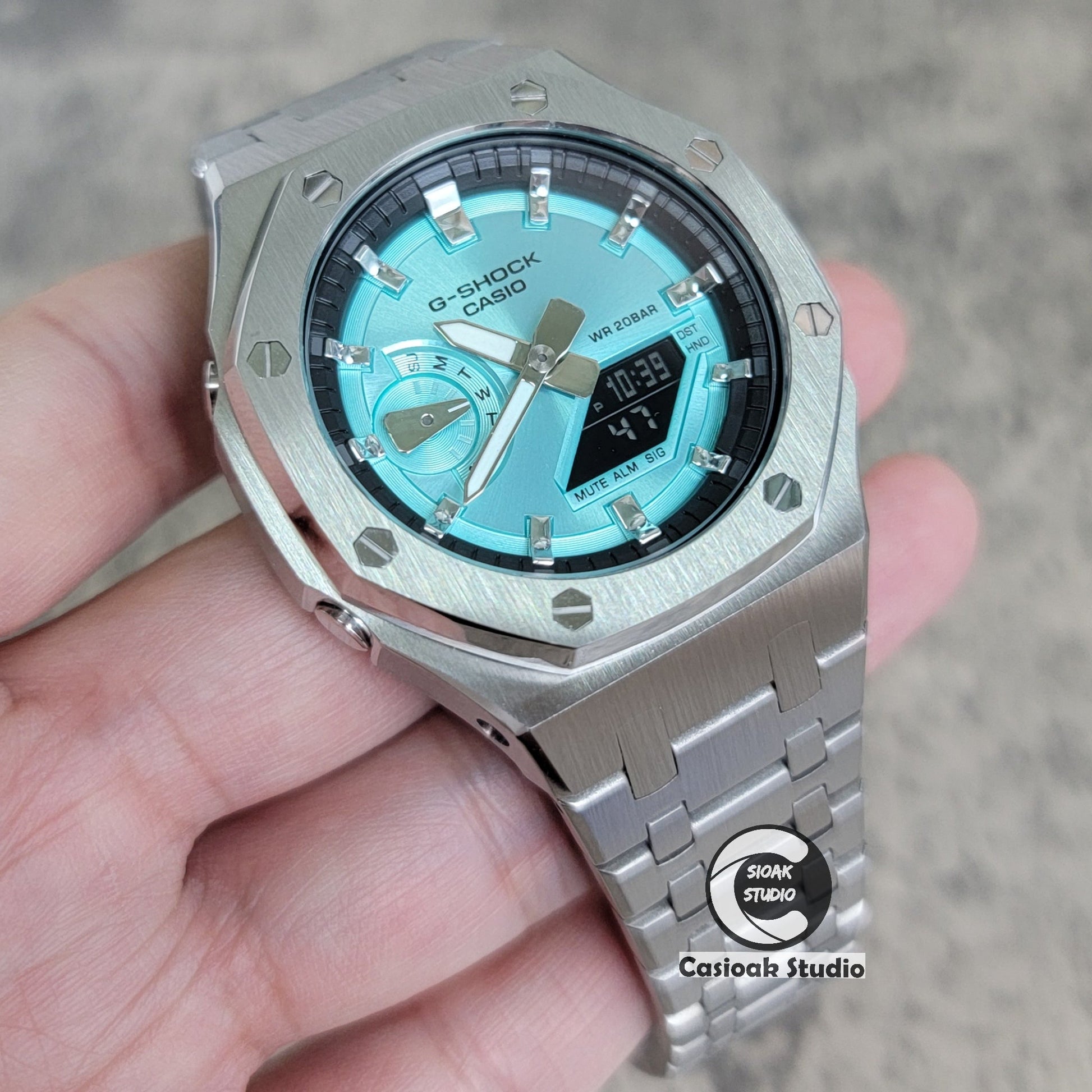 Casioak Mod Watch Silver Case Metal Strap Black Silver Time Mark Tiffany Blue Dial 44mm - Casioak Studio