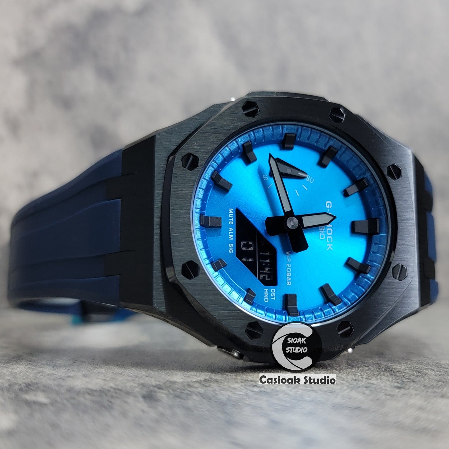 Casioak Mod Watch Black Case Blue Rubber Strap Blue Black Time Mark Blue Dial 44mm - Casioak Studio