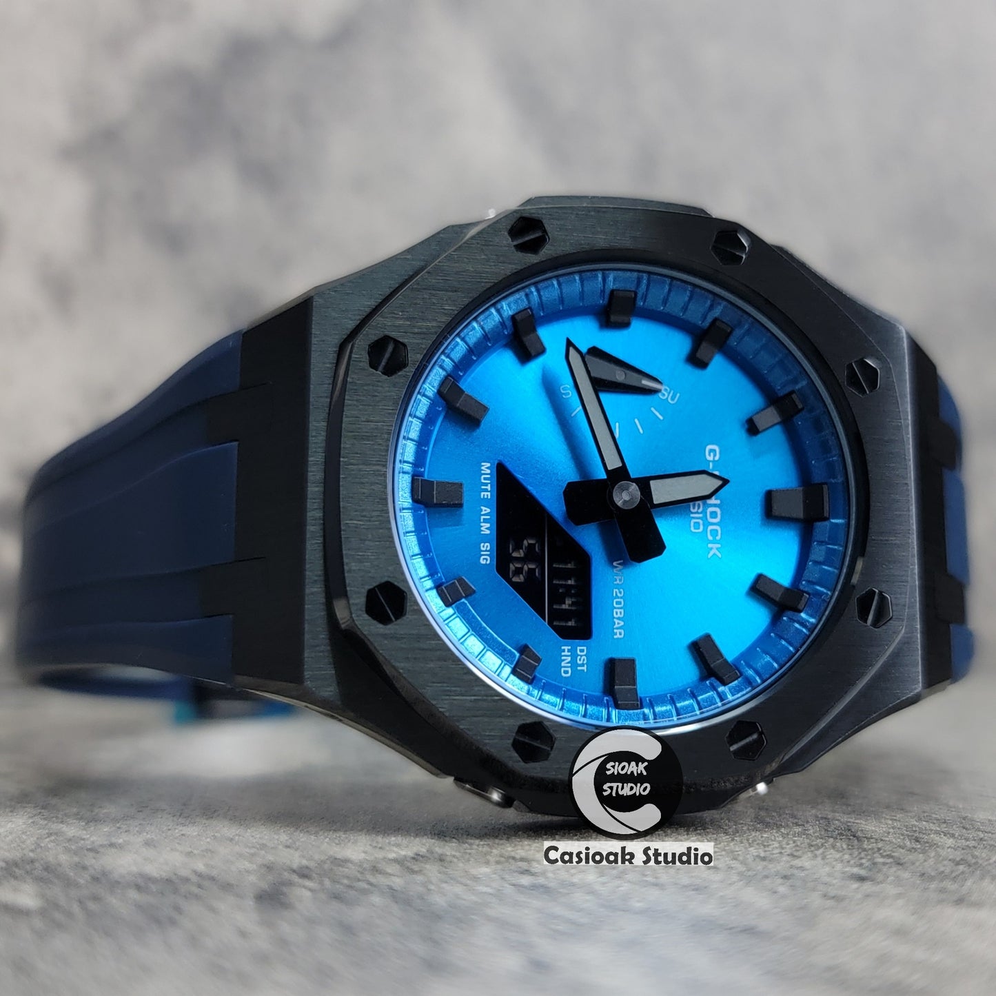 Casioak Mod Watch Black Case Blue Rubber Strap Blue Black Time Mark Blue Dial 44mm - Casioak Studio